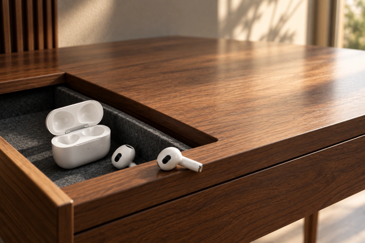 Walnut-Desk Earbuds Story Shot