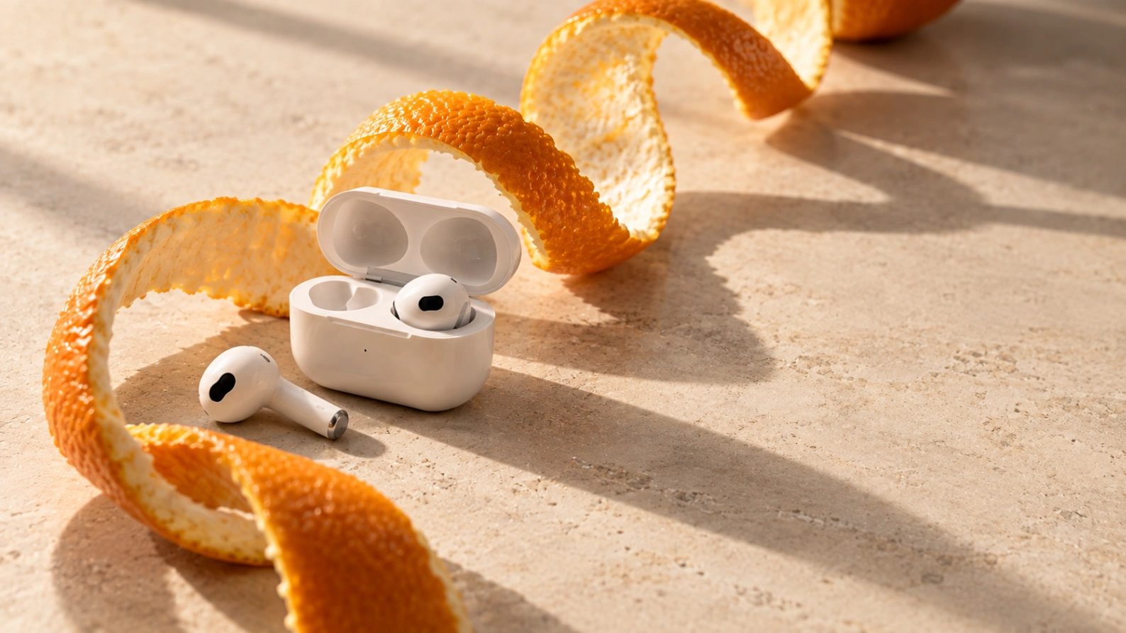 Orange-Peel Earbuds Still-Life Ad