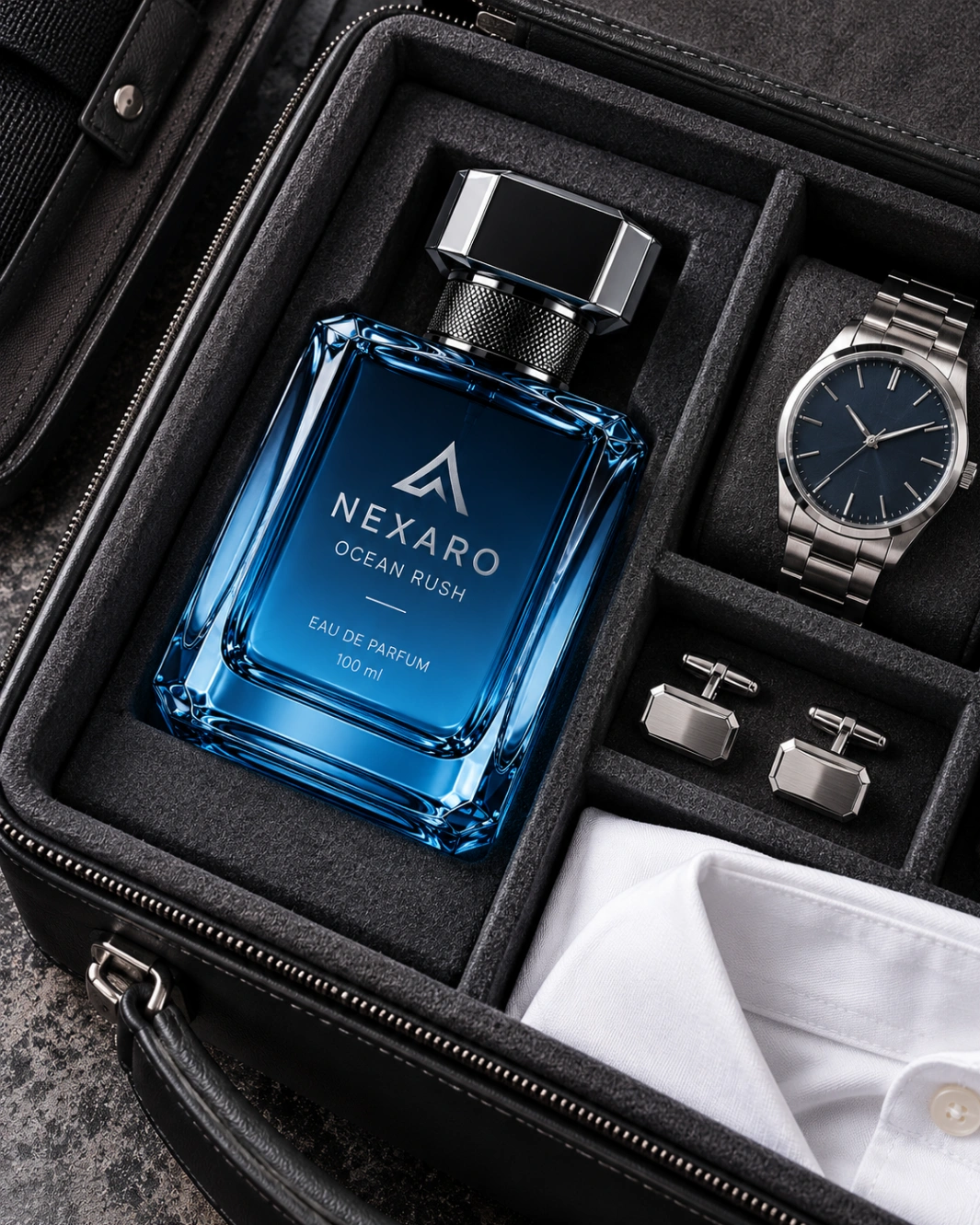Flat Lay Photography Prompt: Perfume in Travel Organizer