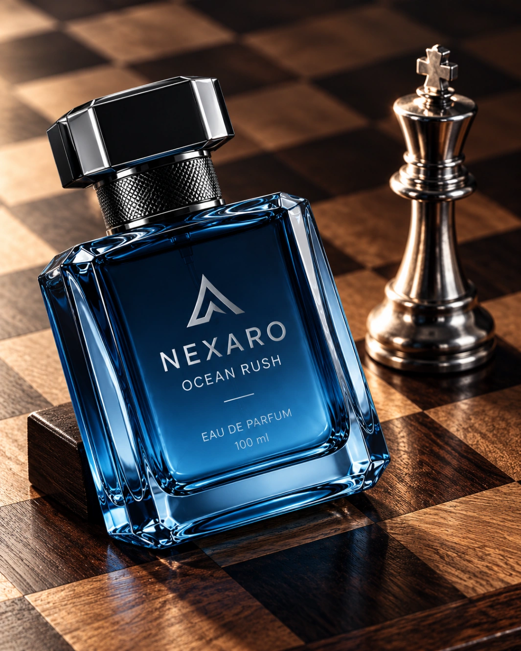 Perfume Product Photography Prompt: Chessboard Ad Shot