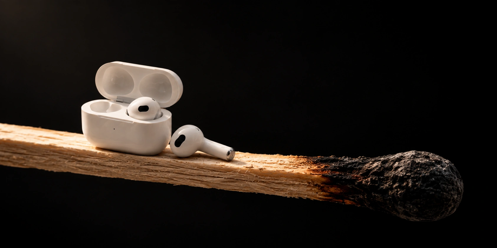 Charred-Matchstick Earbuds Still Life